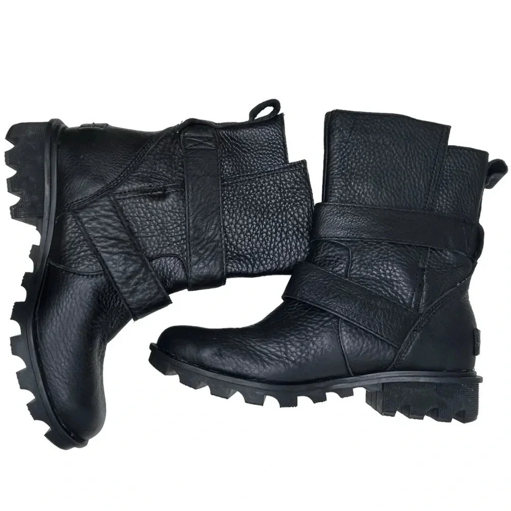 Sorel Phoenix Black Leather Waterptoof Moto Engineer Boot Size 6